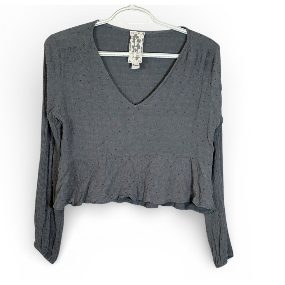 Womens Sadie/Sage Grey Peplum Blouse Textured Dot V Neck Long Sleeve Top M